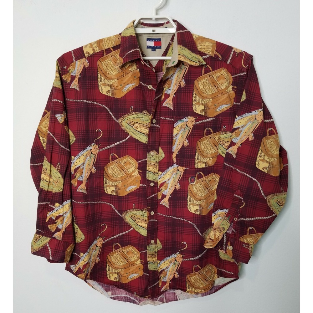 Tommy Hilfiger Mens Shirt Medium L/S Red Fish Print Cotton Collared‎ Button Down